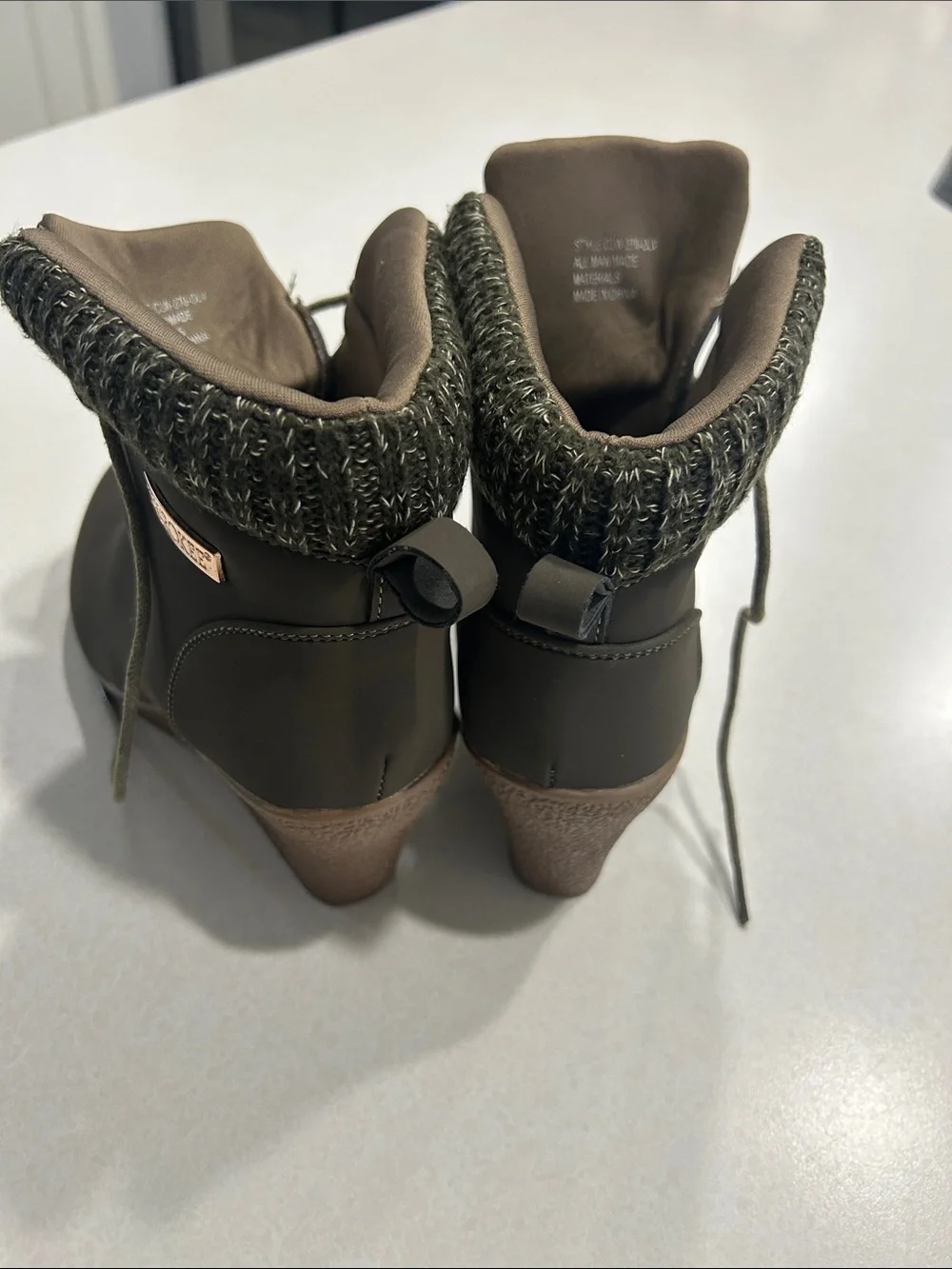 Cherokee Cushioned Wedge Ankle Boots in Olive with Knit Collar -